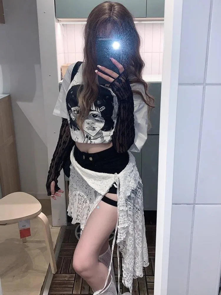 Territory 2024 New White Ruched Skirt for Women Fashion Simple High Waist Lace Up Skirts Y2k E-Girl Mid-length Hollow Out Faldas Mujer