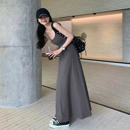 Territory Black Stap Long Dress Women Streetwear Sleeveless A Line Dresses Y2K Korean Slim Sundress Summer Elegant Casual Vestidos