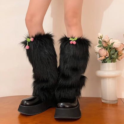 Territory Kawaii Fur Faux Leg Warmers Cherry Lolita Japanese Women Leggings Boots Covers Y2k Girls Harajuku Fur Foot Warming New Year Gift