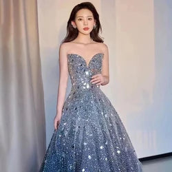 Territory Grey Strapless A-Line Evening Prom Dresses Customized  Beaded Sequined Formal Party Ball Gowns For Women