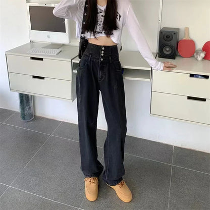 Territory High Waist Women Wide Leg Jeans Autumn Winter Black Gray Breasted Loose All Match Straight Trousers Y2K Streetwear Denim Pants