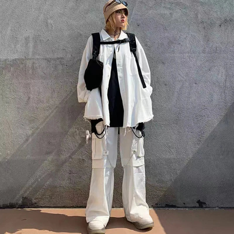 Territory 90s Clothes Style Harajuku Gothic White Cargo Pants With Chain  Hippie Punk  Baggy Pants Y2K Oversize Hot Girl Trousers