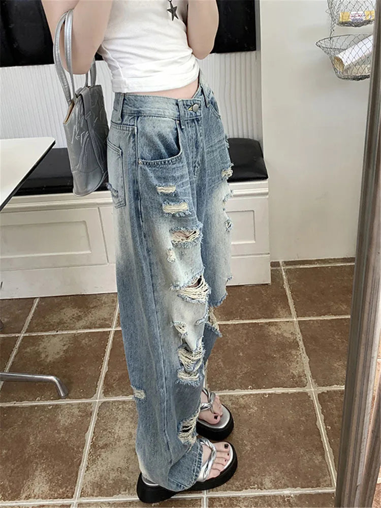 Territory Hollow Out Ripped Jeans Casual Loose Mid-Waisted Wide Leg Pants Women 2024 Autumn Spring Fashion Streetwear