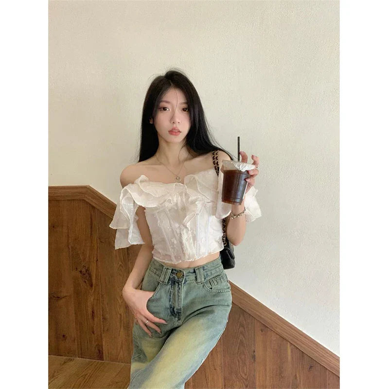 Territory Cropped Slash Neck Shirts Women Fashion Black Sexy Off Shoulder Blouses Summer Korean Office Ladies Elegant Slim Crop Tops