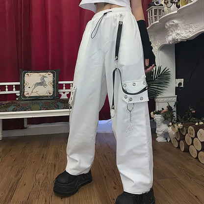 Territory Gothic Techwear Black Cargo Pants Women Punk Chain Pockets White Wide Leg Trousers Female Harajuku Streetwear Mall Goth