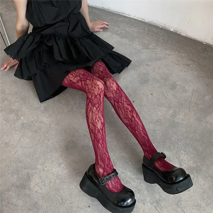 Territory Fashion Flower Embroidery Mesh Hollow Out Sexy Pantyhose Women's Fishing Net Tights Cool Girl Colored Hipster Harajuku Stockings