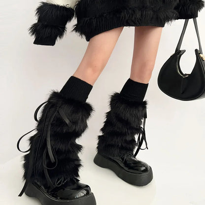 Territory Kawaii Bow Knot Leg Warmers Thickened Imitation Rabbit Fur Women Leggings Boots Cover Lolita Punk Harajuku Party Accessories