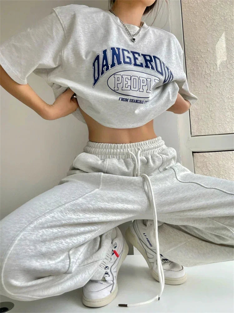 Territory Korean Fashion Joggers Sweatpants Women Harajuku Hip Hop Gray Wide Leg Track Pants Oversized Kpop Baggy Sports Trousers