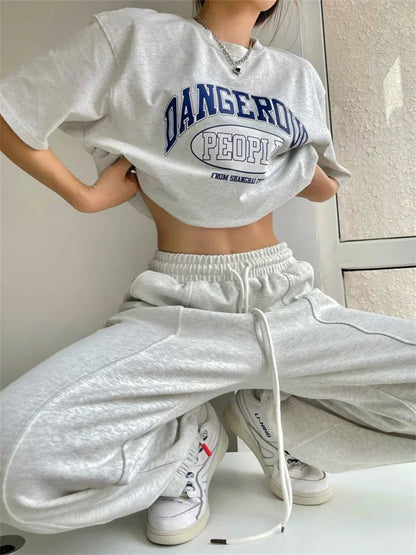 Territory Korean Fashion Joggers Sweatpants Women Harajuku Hip Hop Gray Wide Leg Track Pants Oversized Kpop Baggy Sports Trousers