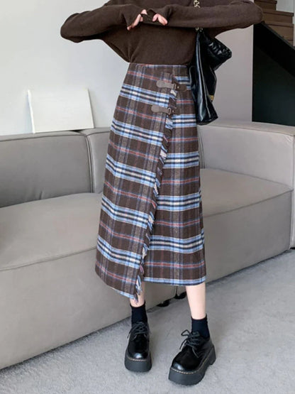 Territory French Vintage Long Skirts for Women Autumn Winter High Waist Plaid Raw Edge Irregular Skirt  Slim Fit Elegant Design Clothing