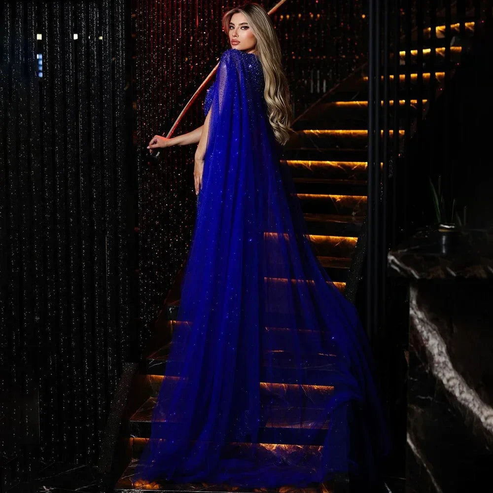 Territory Arabic blue Mermaid Elegant Cape Sleeves Luxury Evening Dresses Gowns 2024 Beaded For Women Wedding Party