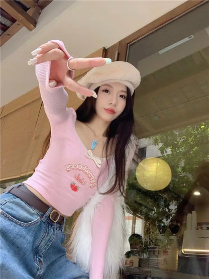 Territory Coquette Egirl Letter Pink Crop T-shirts Women Y2k Kawaii Cute Long Sleeve Tees Korean Fashion Sweet Slim Corset Tops