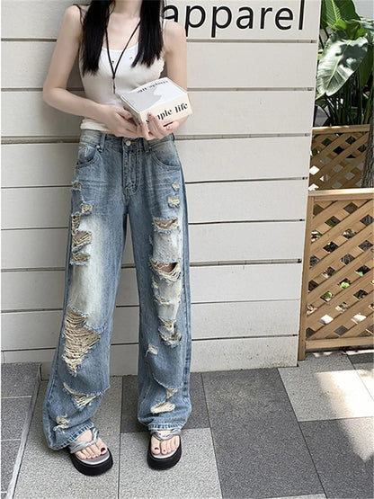 Territory Hollow Out Ripped Jeans Casual Loose Mid-Waisted Wide Leg Pants Women 2024 Autumn Spring Fashion Streetwear