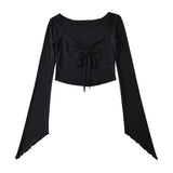 Territory 2024 Spring Long Sleeve Sauare Collar T-shirts Ruffled Flare  Slim Cropped Tops Women Y2k Aesthetic All Match Bandage Tees