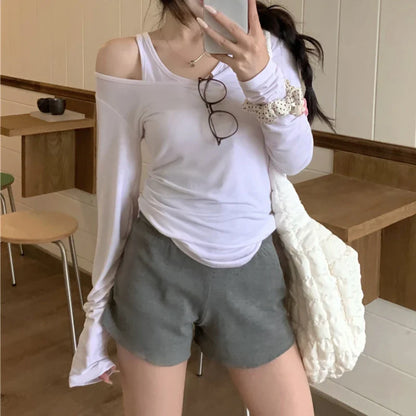 Territory Fake Two-piece Solid Color Casual Long-sleeved T-shirt Women 2024 Summer New Korean Strapless Sexy Slim All Match Tops