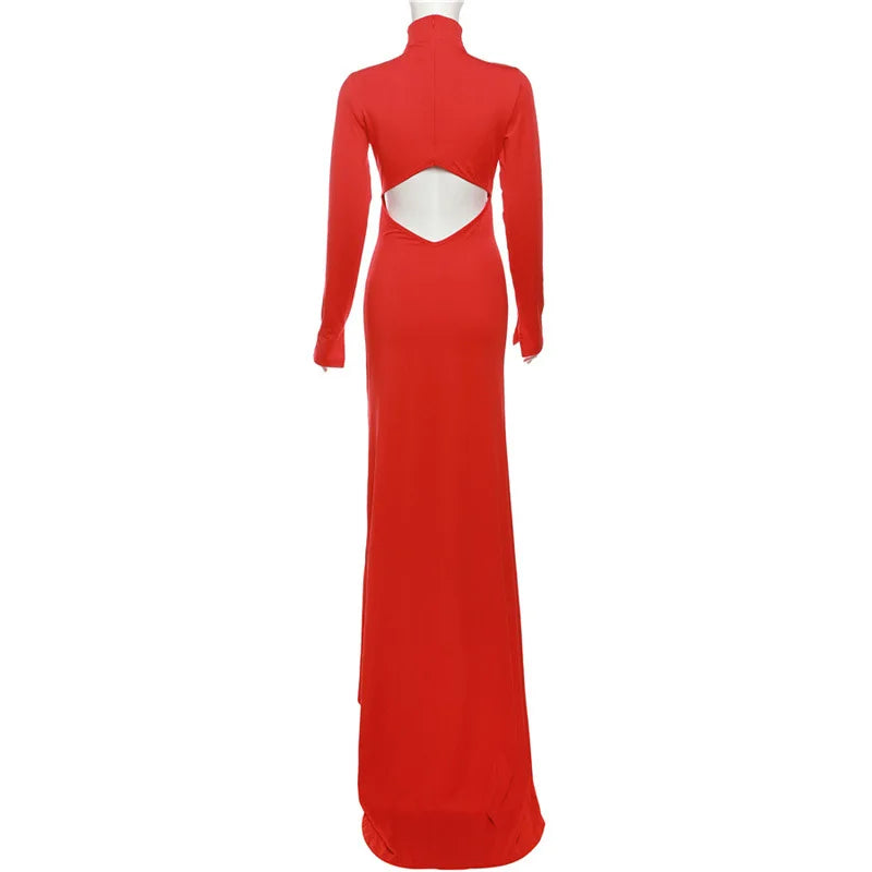 Territory Sexy Cut Out Backless Red Party Dress Women Elegant Luxury Turtleneck Long Sleeve Maxi Dresses Evening Gown