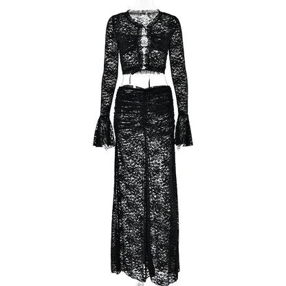 Territory Lace Sexy See Through Long Skirt Suits For Women Bow Full Sleeve Crop Top And Elegant Splice Skirt Beach Party Outfits