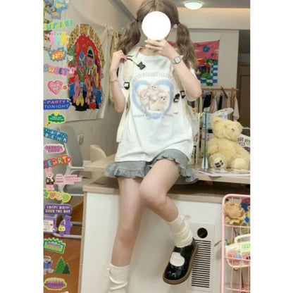 Territory Japanese Style Cat Print White T-shirts Women Sweet Kawaii Cute Short Sleeve Tees Harajuku Fashion Oversized Loose Tops