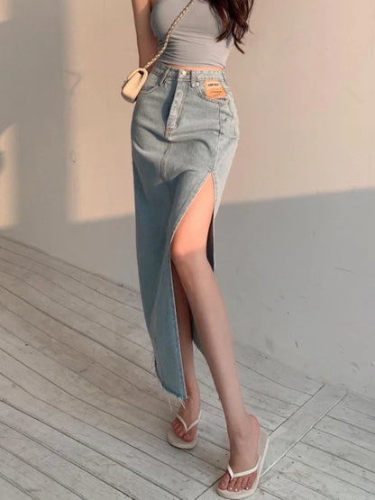 Territory Long Denim Skirt Vintage Women Solid High Waist  A-LINE Slim Korean Style Jean Slit Midi Skirt Summer Fashion Girl