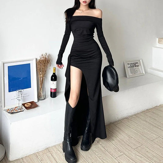 Territory Elegant Folds Split Dress Y2K Black Korean Slim Slash Neck Long Sleeve Midi Dress Spring Streetwear Lady All Match Dress New