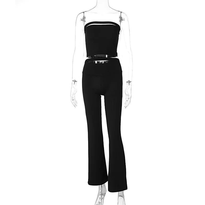 Territory Sexy Black 2 Piece Set Women Cut Out Tube Top And Flare Pants Kylie Jenner Outfits Women Trending Clothing Summer 2024