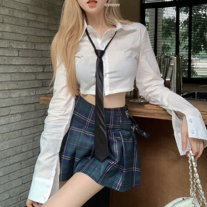 Territory 2024 Spring New Streetwear Contrast Color Plaid Casual Pleated A-line Skirt Women + Sexy Slim Long-sleeved Shirt Two-piece Suit