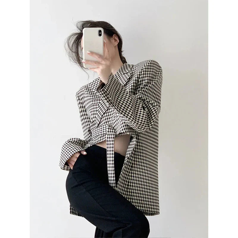 Territory Black Plaid Blazer Women Irregular Houndstooth Suit Jacket Streetwear Korean Ribbon Cropped Coat Office Lady Elegant Outwear New