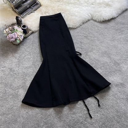 Territory Design Gyaru Denim Skirts Spring Summer Sexy High Waist Forked Lace Up Fishtail Skirt Female Slim Fashion Vintage Women Clothing