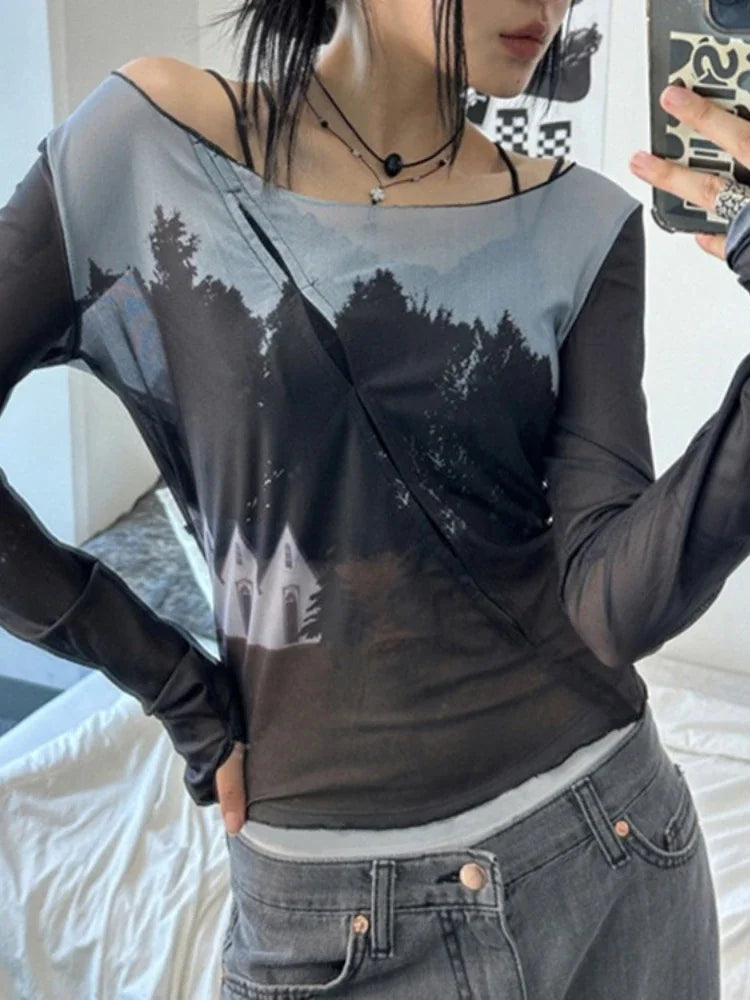 Territory See Through Gauze Vintage Print Crop Top Autumn Long Sleeve Fashion Bottoming Tshirts Y2k Aesthetic Harajuku Slim Women T-shirt