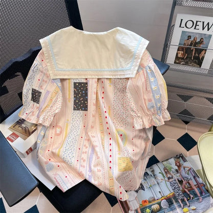 Territory Japanese Style Sweet Pink Bow Women Shirts Summer Kawaii Cute Sailor Collar Tops Print Harajuku Y2k Blouses Losse Striped Camisa