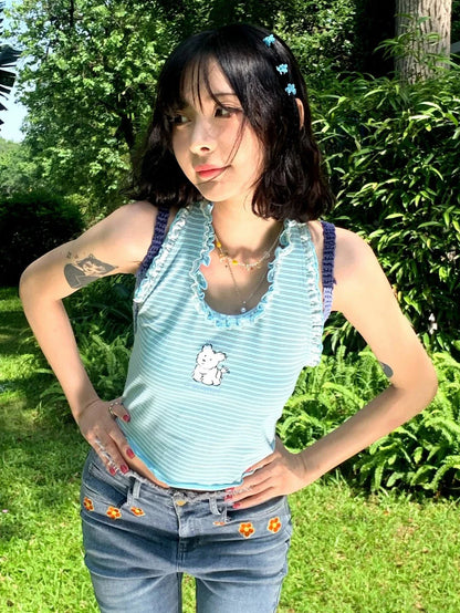 Territory Japanese Kawaii Style Halter Tops Women Harajuku Fashion Cute Dog Print Tank Top Y2k Sweet Blue Striped Crop Top Summer