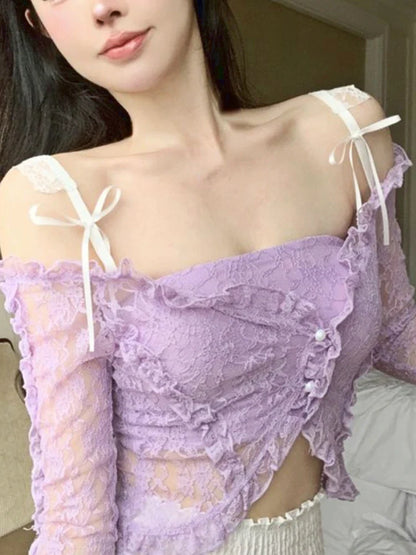 Territory Purple Backless Sexy Crop Tops Women Lace Korean Fashion Designer Slim Blouse Female Bow Button Elegant Sweet Tops New