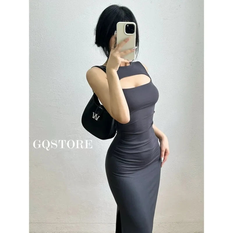 Territory Fashion Robe Red Spicy Girl Sexy Chest Hollow Sleeveless Split Tight Slim Hip Dress Long Dress Women Sweet 7OC3