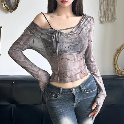 Territory Holiday Printed Bandage Mesh T Shirt Sexy Slim Crew Neck Long Sleeve Tees Women 2024 Autumn Spring Fashion Streetwear