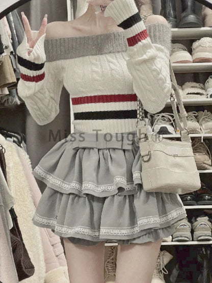 Territory Korean Fashion Knitted Two Piece Set Women Stripe Vintage Elegant Party Skirt Set Female Sweater Designer Pleated Suit