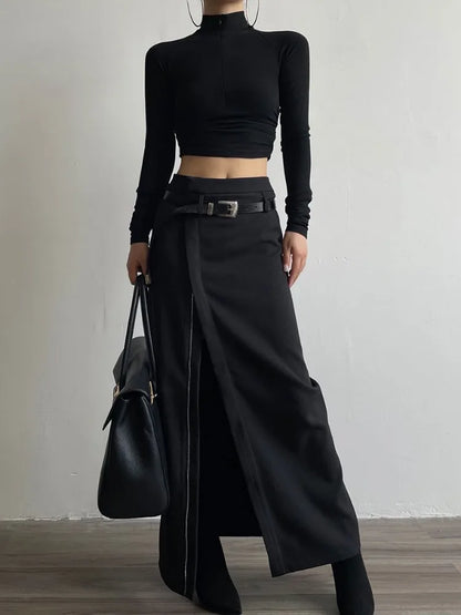 Territory Oversize All-match Zipper Split Skirts Y2k Grunge High Waist Bodycon Skirt for Women 2024 Spring New Black Faldas Mujer