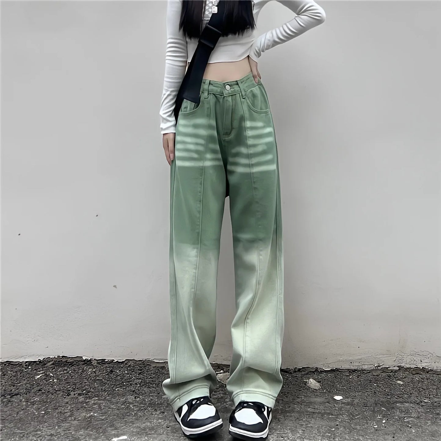 Territory Contrasting Green Pants High Waist Straight Wide Leg Baggy Jeans Harajuku Fashion Vintage Y2k Streetwear Women Casual Trousers