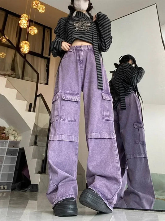 Territory American Vintage Purple Multiple Pockets Denim Pants 2024 Autumn High Waist Trousers Y2k E-Girl Loose Straight Wide Leg Pant