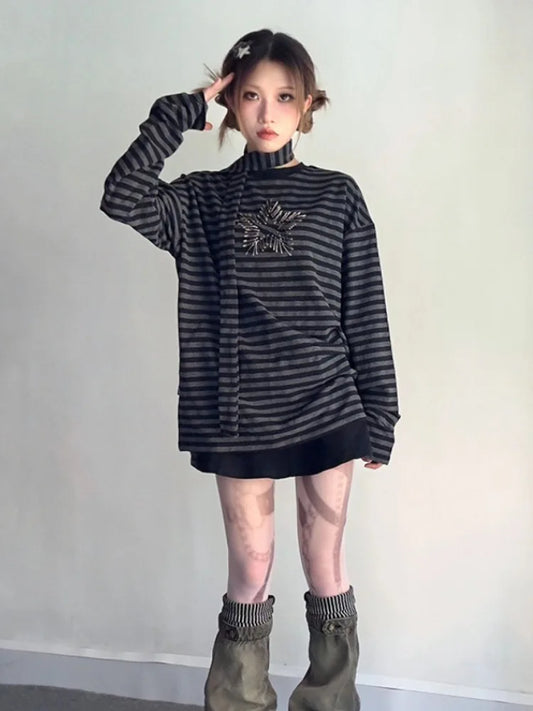 Territory Punk Streetwear Striped Loose Tops Y2k Aesthetic Star All Match Tee Shirt Harajuku Oversized Tshirts Women Fairy Grunge Tees