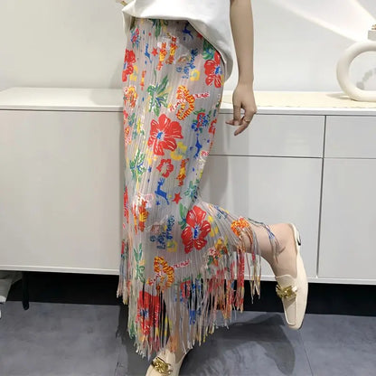 Territory Fashion Vintage Skirts Flower Print Pleated Tassel High Waist Lady Skirt Korean Chic Spring Summer Female Slim Women Clothes