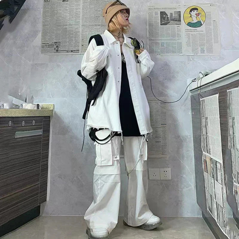 Territory 90s Clothes Style Harajuku Gothic White Cargo Pants With Chain  Hippie Punk  Baggy Pants Y2K Oversize Hot Girl Trousers