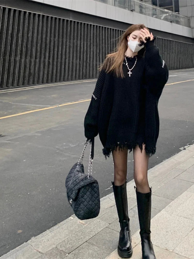 Territory Gothic Harajuku Black Sweaters Pullover Oversize Women Mall Goth Tops Streetwear Korean Fashion Autumn Knitwear