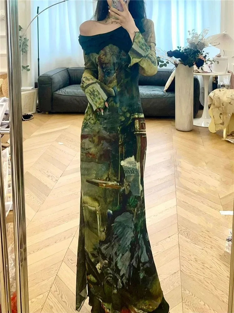 Territory Elegant Vintage Green Print Dresses Y2k Skew Collar Long Sleeve Dress for Women Spring New Slim Fit Bodycon Vestidos Mujer