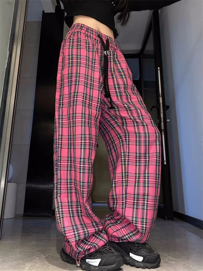 Territory Harajuku Pink Plaid Pants Women Cyber Y2K Egirl Wide Leg Checked Trousers Female Oversize Streetwear Edgy Style Sweatpants