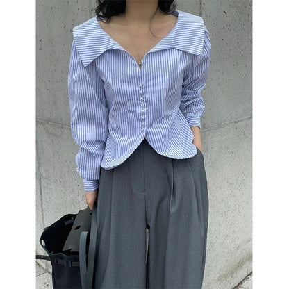 Territory Elegant Striped Shirts Women Korean White Long Sleeve Blouses Office Ladies Fashion Design Turn Down Collar Chic Tops New