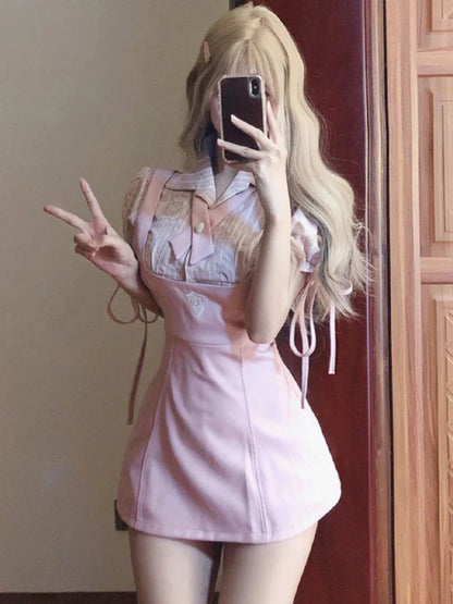 Territory Pink Sweet Kawaii Two Piece Set Women Korean Fashion Party Mini Dress Set Female Bow Lace Tops + Cute Princess Dress Suit