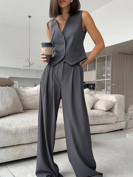 Territory Fashion V-Neck Vestidos 2 Piece-Set Women Slim Patchwork High Waist Straight Trousers Outfits Solid Women's Pants Sets