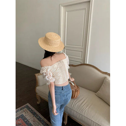 Territory Elegant Slash Neck Shirts Women Summer Lace Patchwork Crop Tops Sweet Korean Square Collar Puff Short Sleeve Slim Blouses