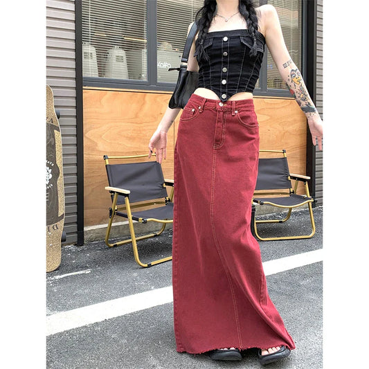 Territory S-3Xl Vintage Slit Denim Midi Skirts Women Y2K Red High Waist Wrap Jean Skirt Summer Korean Sexy Split Slim A Line Faldas