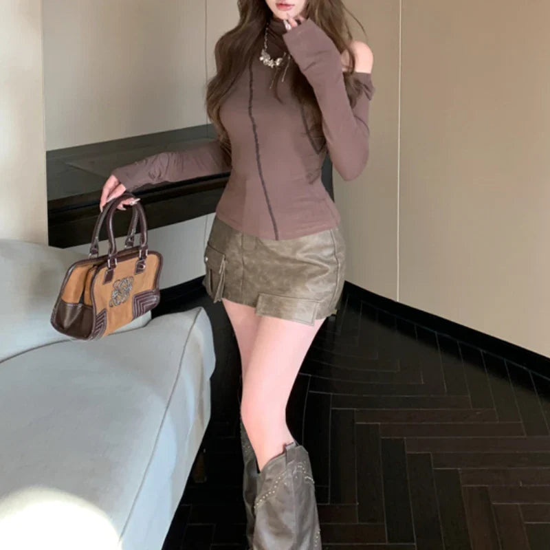 Territory 2024 Spring New Streetwear Hollow Strapless Long-sleeved T-shirt Women + Lace-up Irregular Camisole + Skirt Three-piece Suit